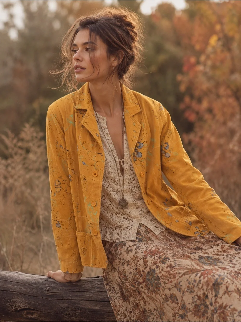 Montana Avenue Mustard Suede Feel Floral Jacket Small Boho Vintage